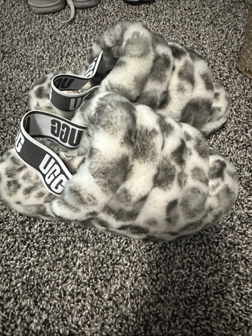 UGG Faux-Fur Slide Sandals in Gray Leopard Print